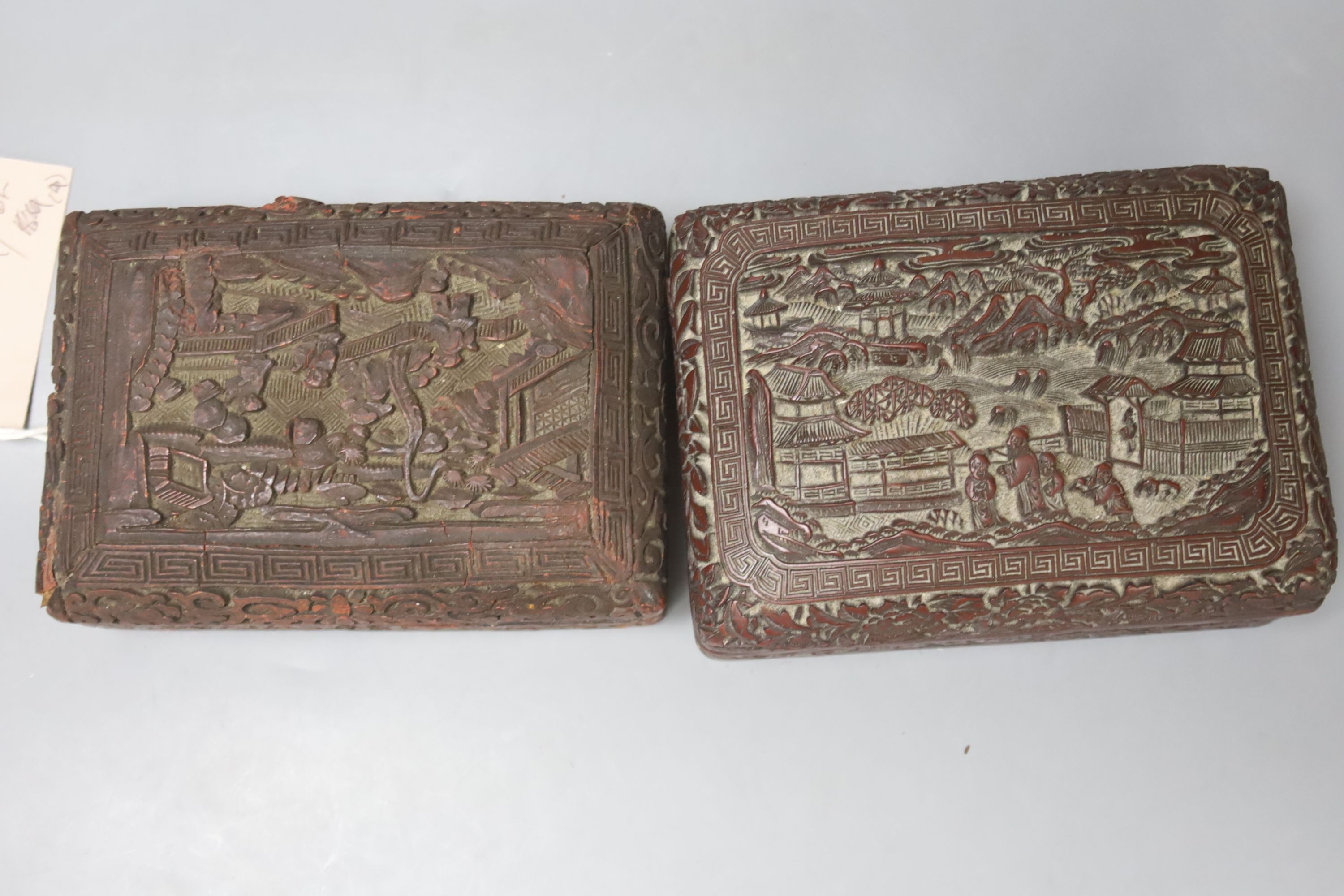 Four Chinese carved wood boxes, largest 24 x 12cm